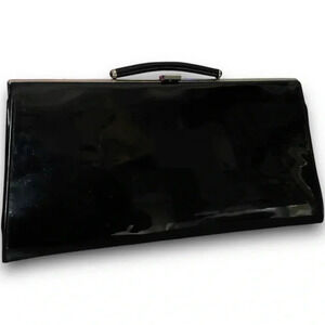Vtg Black Patent Leather Clutch 50s Handbag Silver Frame Coin Pouch Push Lock